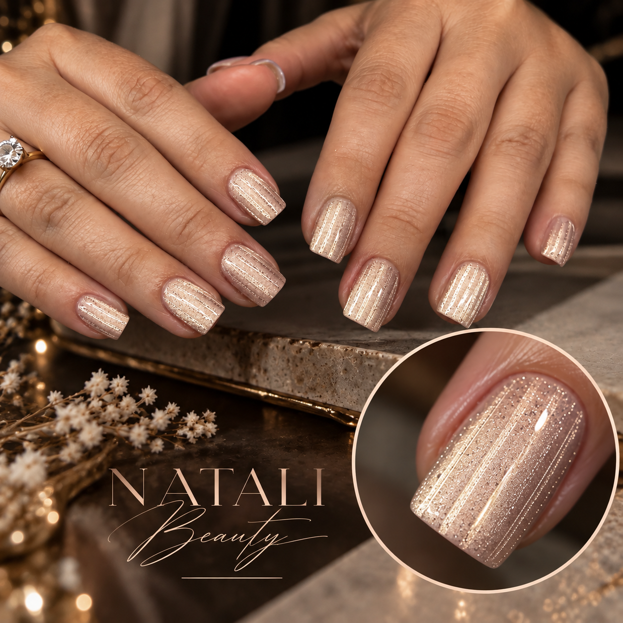 Korte vierkante nagels in champagne met fijne glanzende strepen