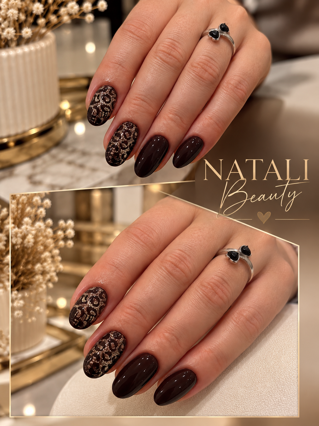 Donkere amandelnagels met luipaardprint