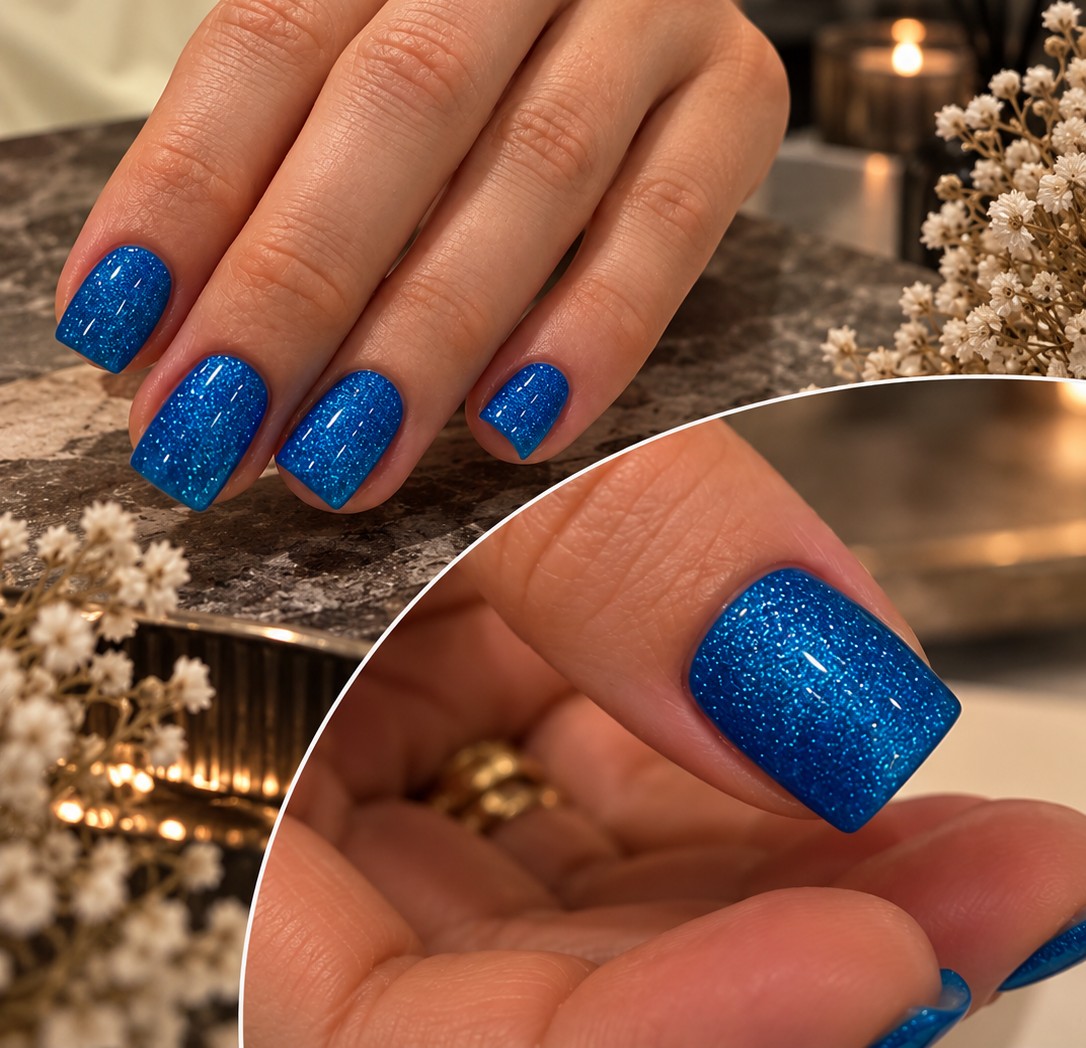 Korte nagels in diepblauwe glitter