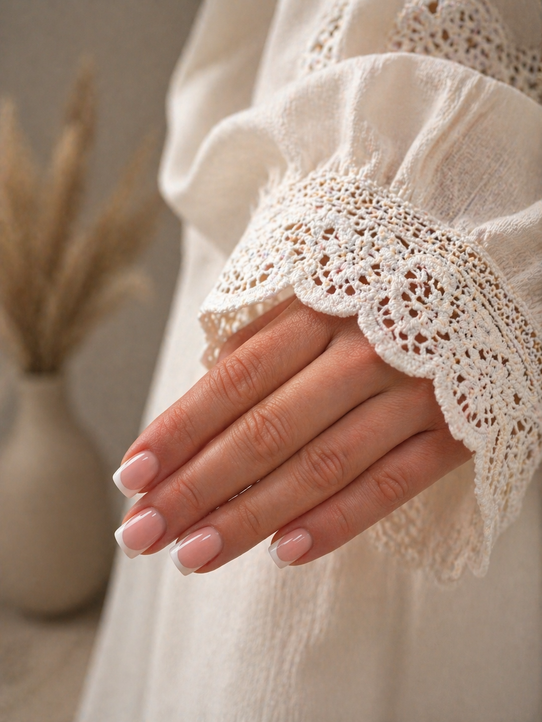 Zachte French nagels, de hand rust op een kanten mouw