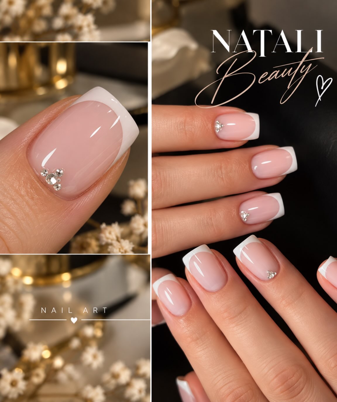 Roze French nagels met kleine steentjes